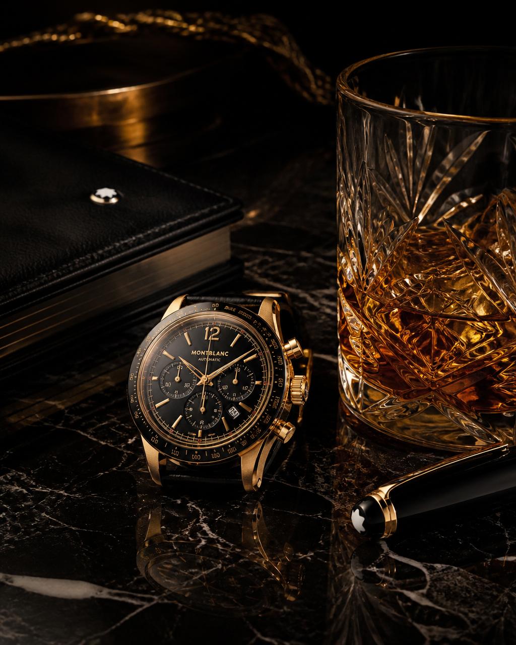 Gold chronograph watch and crystal tumbler on black marble