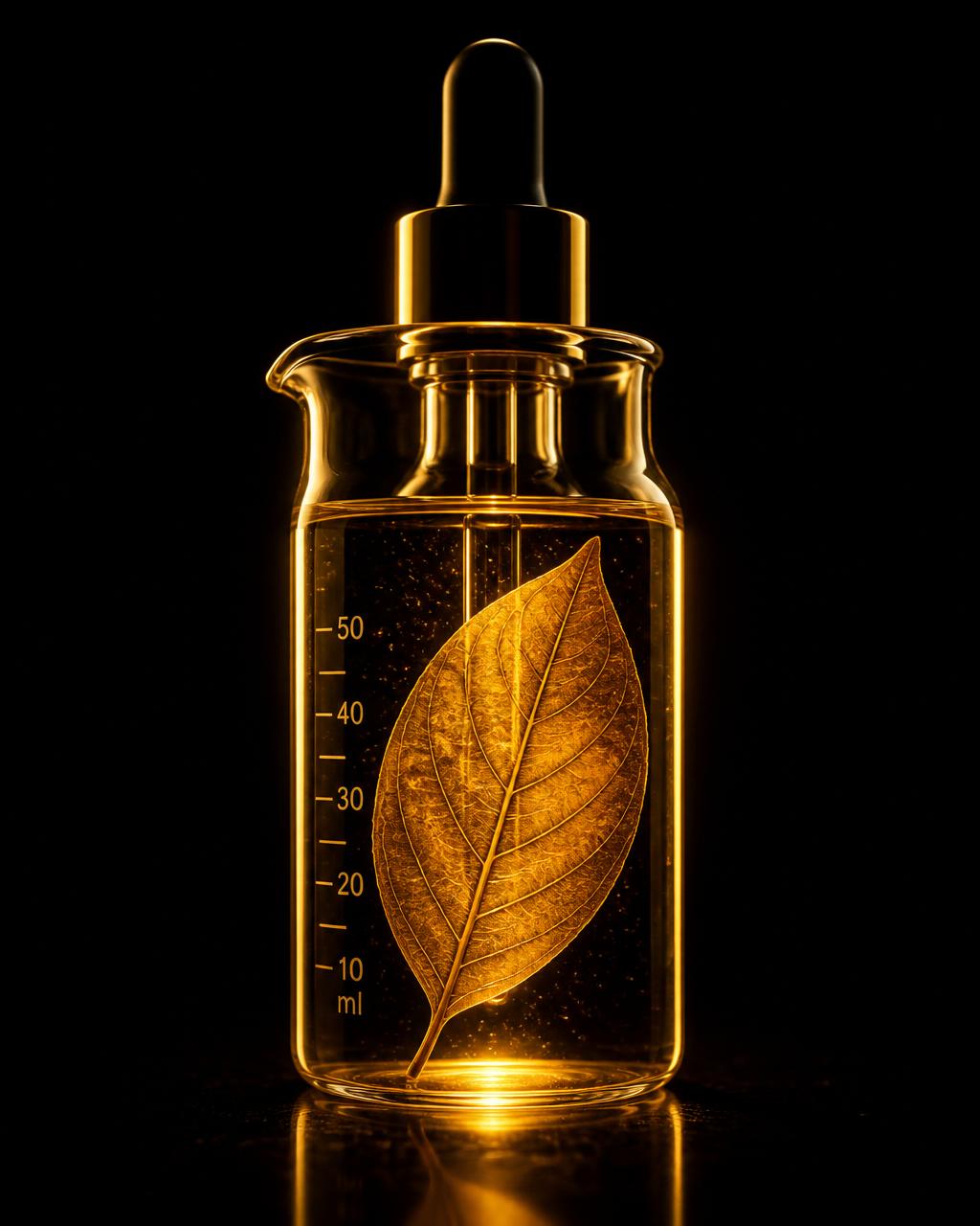 Amber apothecary vial glowing with a suspended botanical leaf
